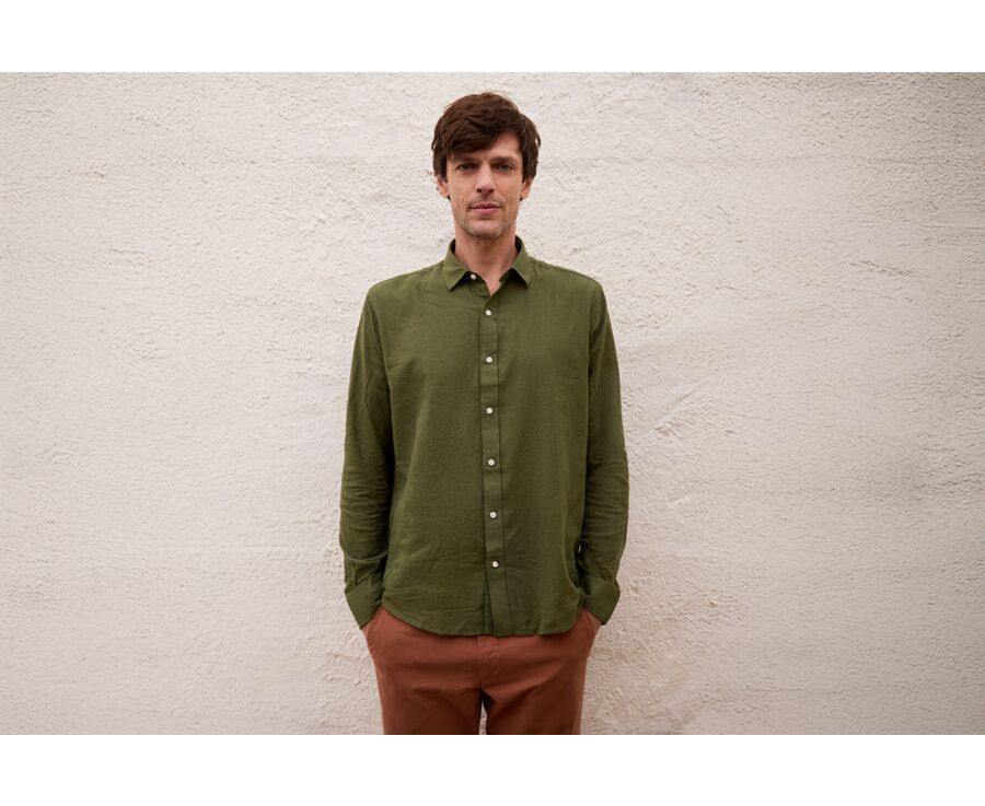 Camisa de algodón y lino Chambray Verde Bosque - Cuello Francés - SILBERT