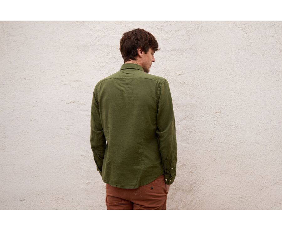 Camisa de algodón y lino Chambray Verde Bosque - Cuello Francés - SILBERT