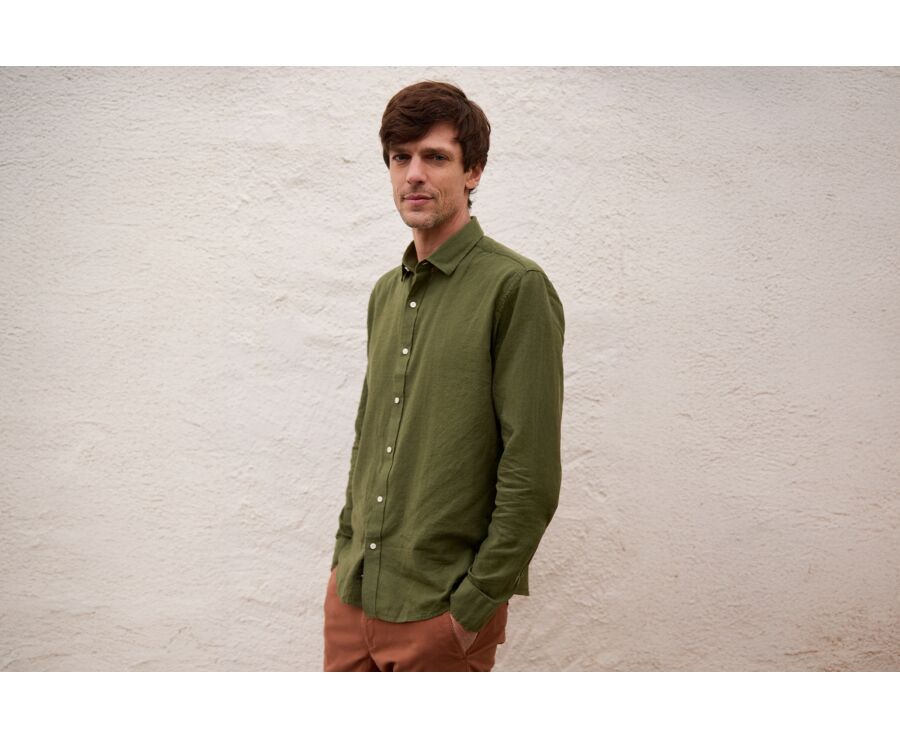 Camisa de algodón y lino Chambray Verde Bosque - Cuello Francés - SILBERT