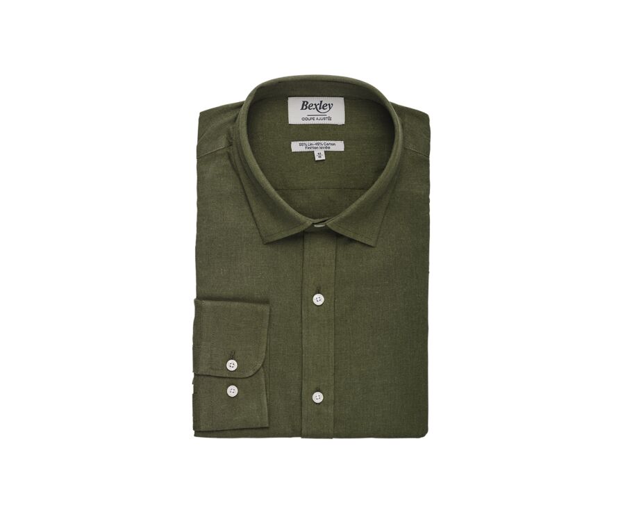 Camisa de algodón y lino Chambray Verde Bosque - Cuello Francés - SILBERT
