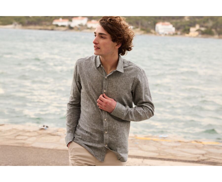 Camisa de algodón y lino Verde Oscuro - Cuello Francés - SILBERT