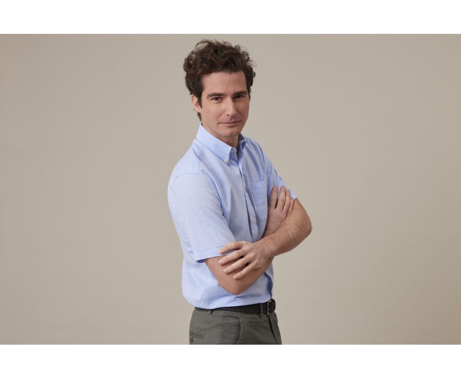 Camisa de lino y algodón Chambray Azul - Bolsillo en el pecho - COLTEN MC