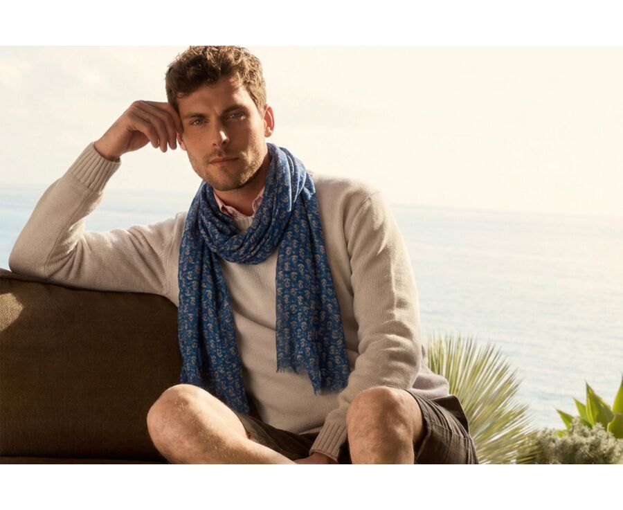 Fular de Hombre en Lino y Algodón - Azul con Motivo Anclas