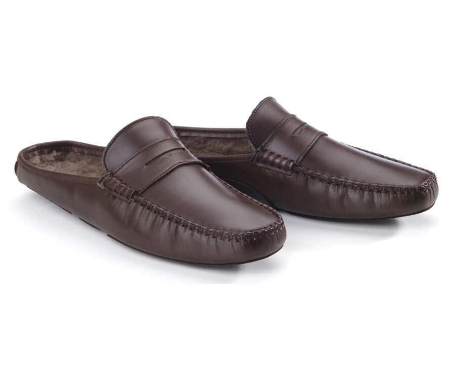 Pantuflas de hombre abiertas piel Chocolate - PANTUFLAS