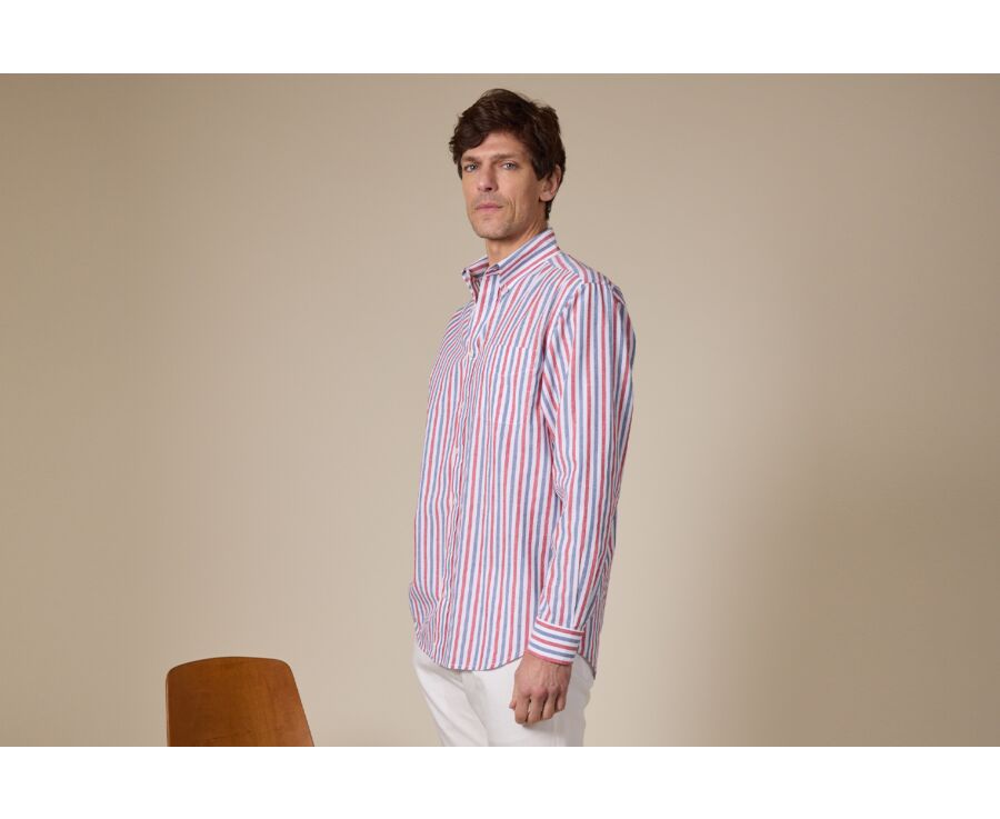 Camisa roja y azul chambray de algodón/lino  - COLTEN