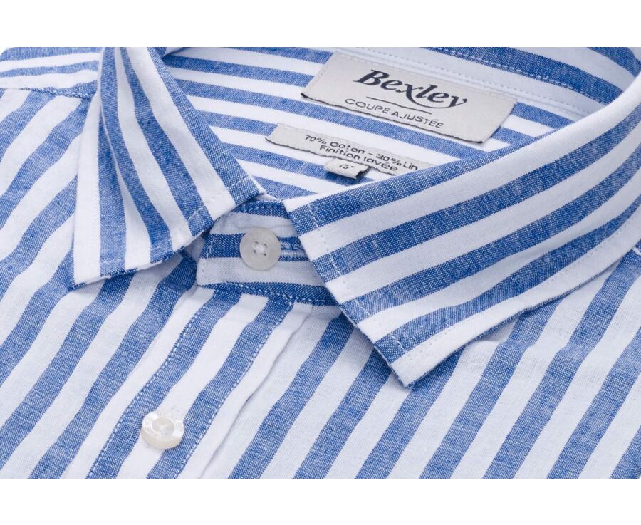 Camisa de algodón y lino a rayas azules oscuras y blancas - SIMONIN