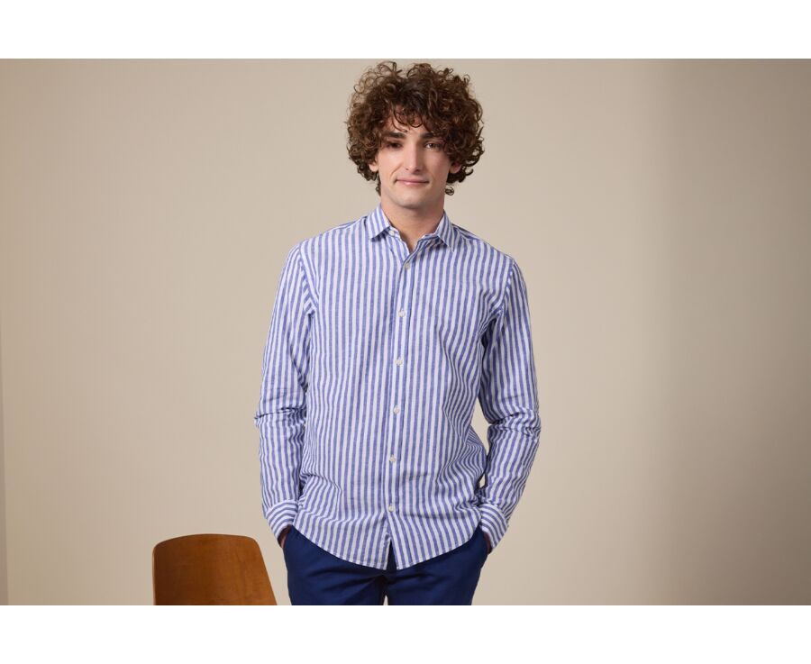 Camisa de algodón y lino a rayas azules oscuras y blancas - SIMONIN