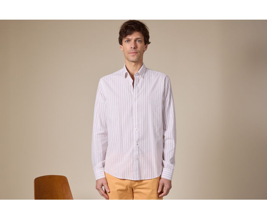 Camisa de algodón y lino Beige Claro y Blanca - Cuello Francés - SIMONIN