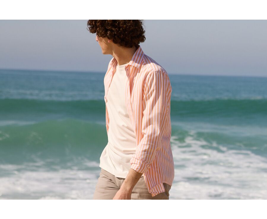 Camisa de algodón y lino a rayas Amarillo Naranja y Blanco - SIMONIN