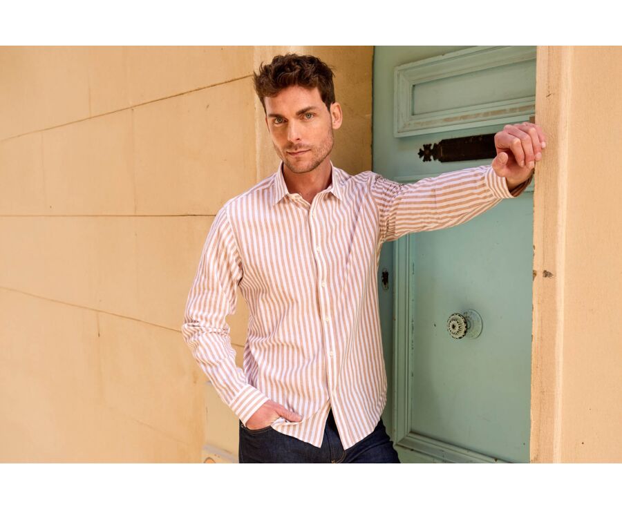 Camisa rayada Camel & Blanco - SIMONIN