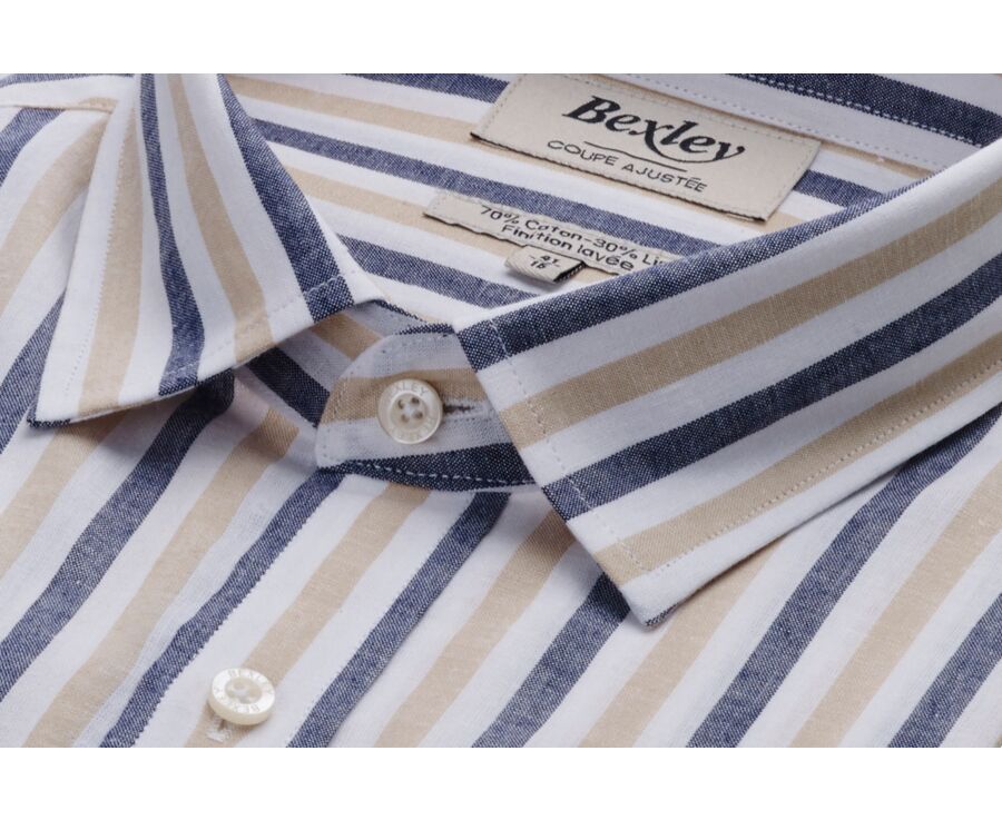 Camisa de algodón y lino Marino y Beige Oscuro - Cuello Francés - SIMONIN