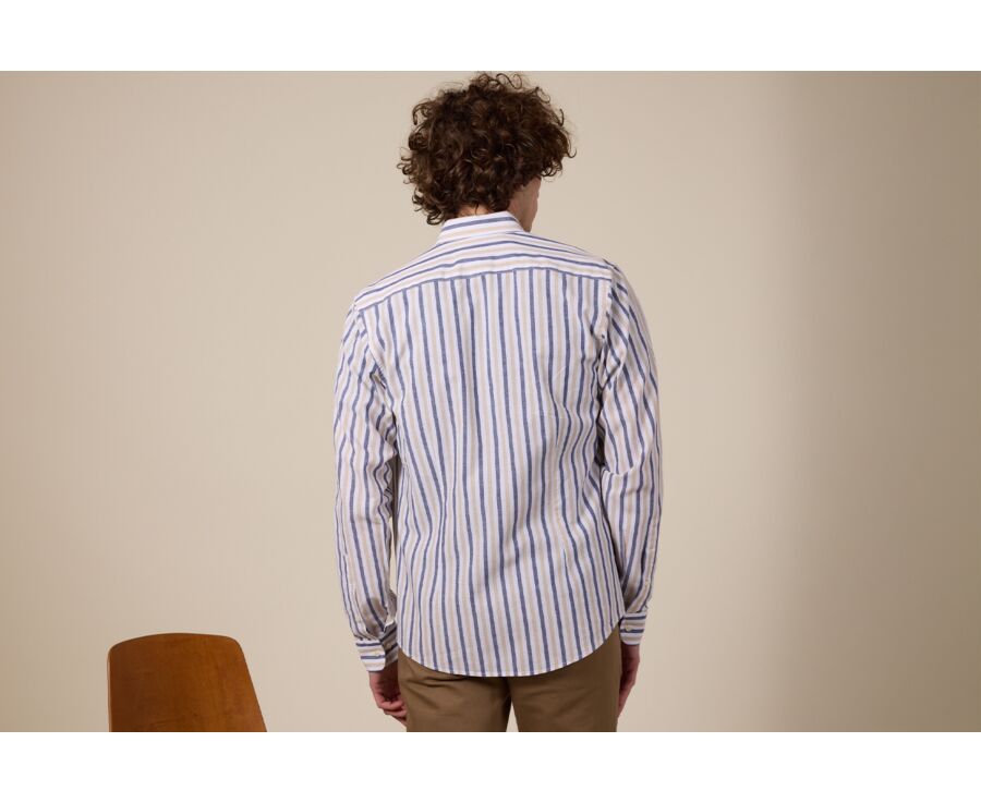 Camisa de algodón y lino Marino y Beige Oscuro - Cuello Francés - SIMONIN