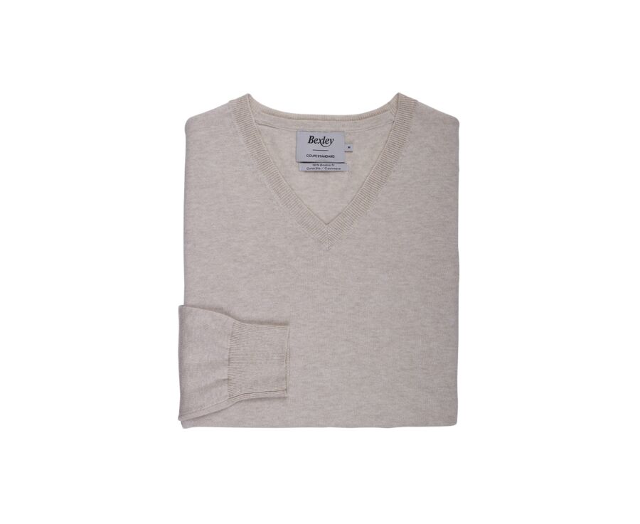 Jersey fino de hombre con cuello en V, algodón orgánico/cachemira, Beige Claro Jaspeado - VALTON
