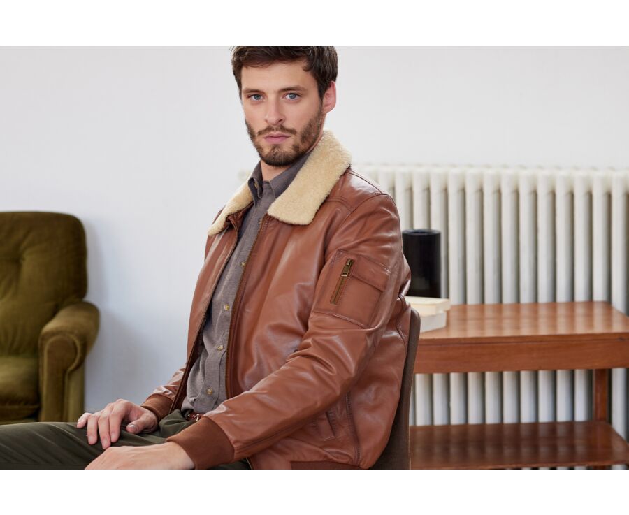 Chaqueta bomber de cuero para hombre Coñac - EVERETT II