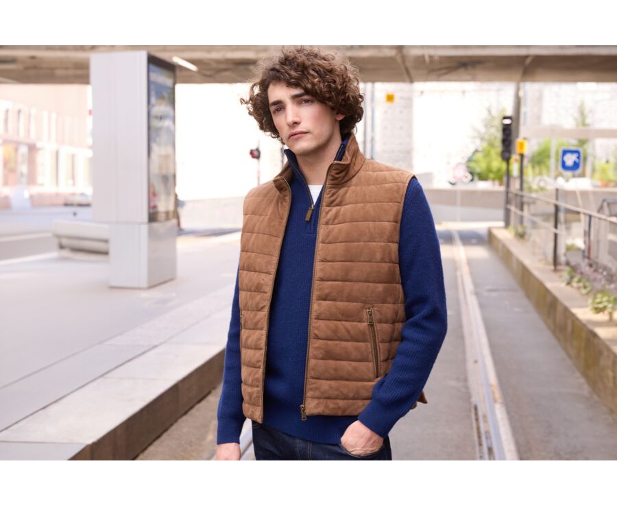 Chaqueta de cuero habana sin mangas para hombre - NIKLAS