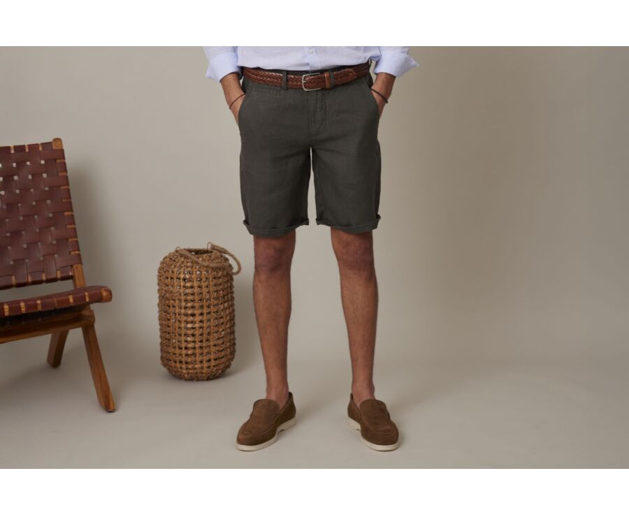 Bermudas de lino para hombre Aceituna oscura - BORYS