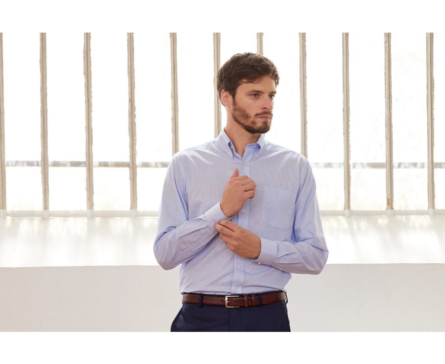 Camisa de sarga Blanco con pequeños cuadros Azul - STELLAN 