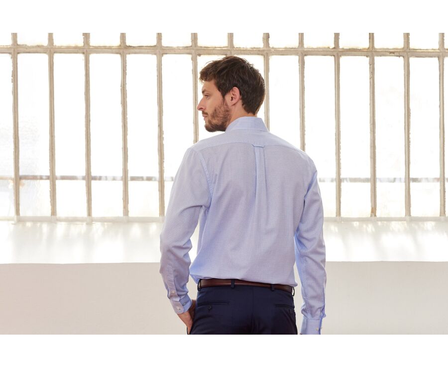 Camisa de sarga Blanco con pequeños cuadros Azul - STELLAN 
