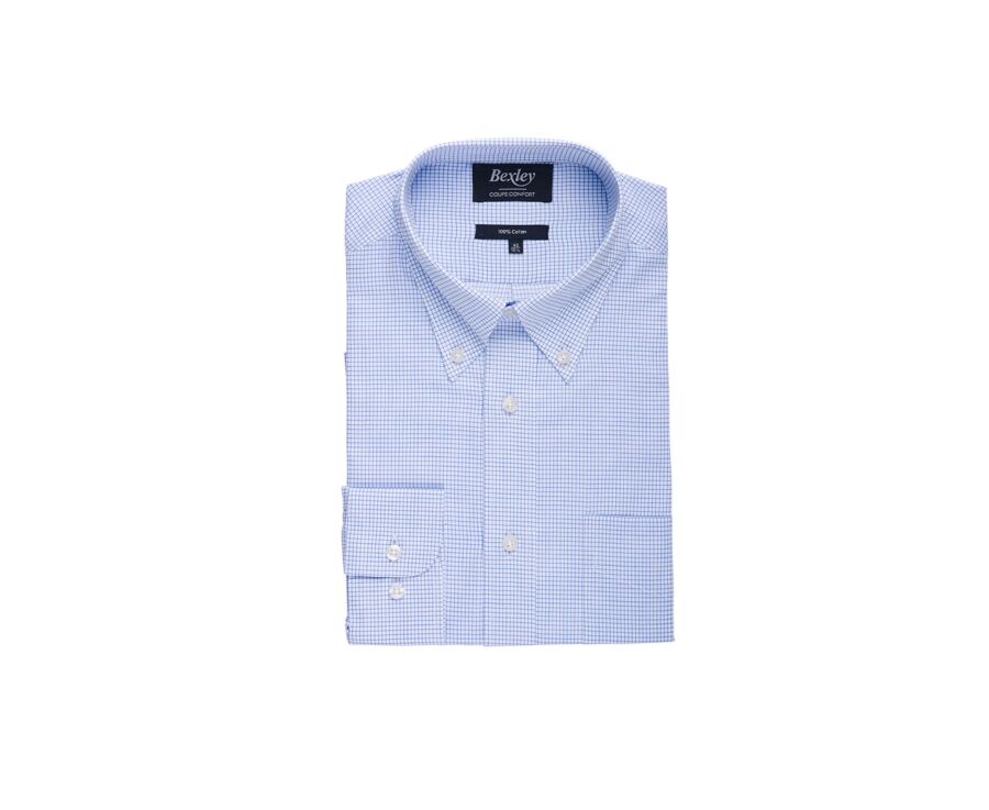 Camisa de sarga Blanco con pequeños cuadros Azul - STELLAN 