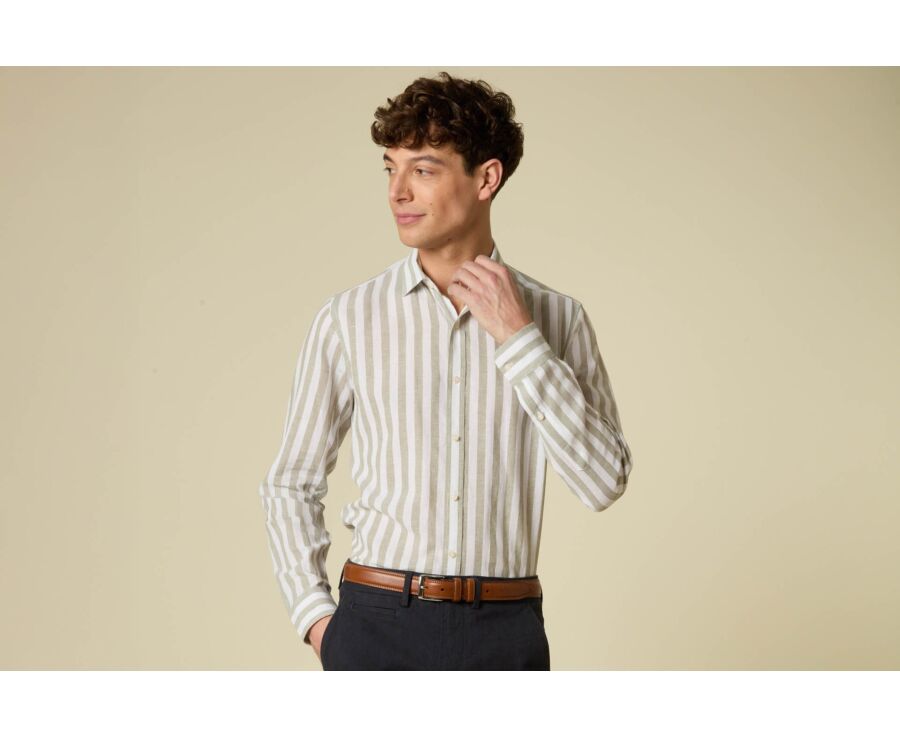 Camisa de algodón y lino a rayas verde tilo y blanco - BRUNIEN