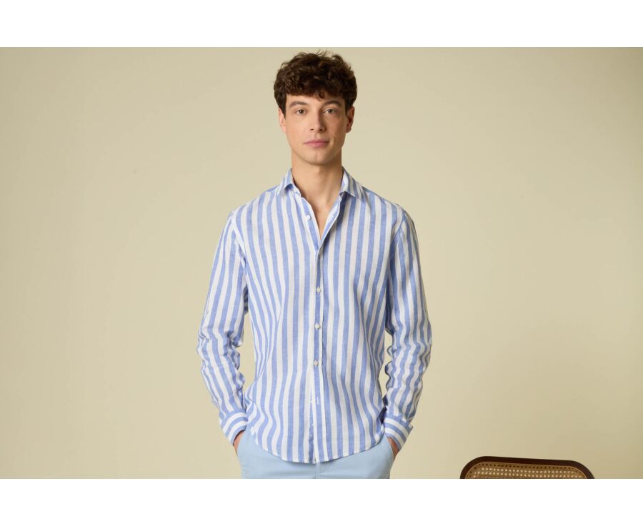 Camisa de algodón y lino a rayas azul y blanco - BRUNIEN