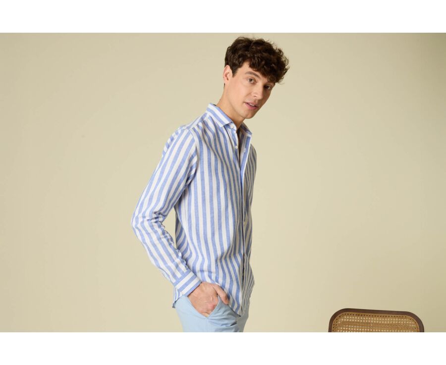 Camisa de algodón y lino a rayas azul y blanco - BRUNIEN