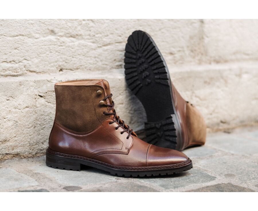 Botas Derby de hombre con cordones Cognac Patinado y Topo - IRVING II GOMME