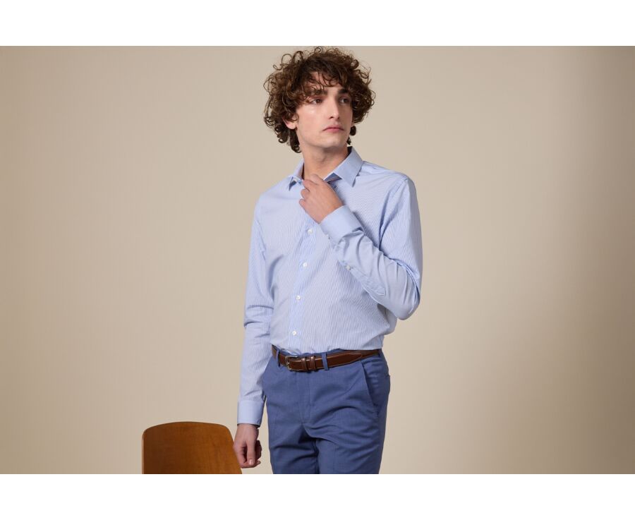 Camisa de rayas celeste y blanco - Cuello francés - LEONDRE