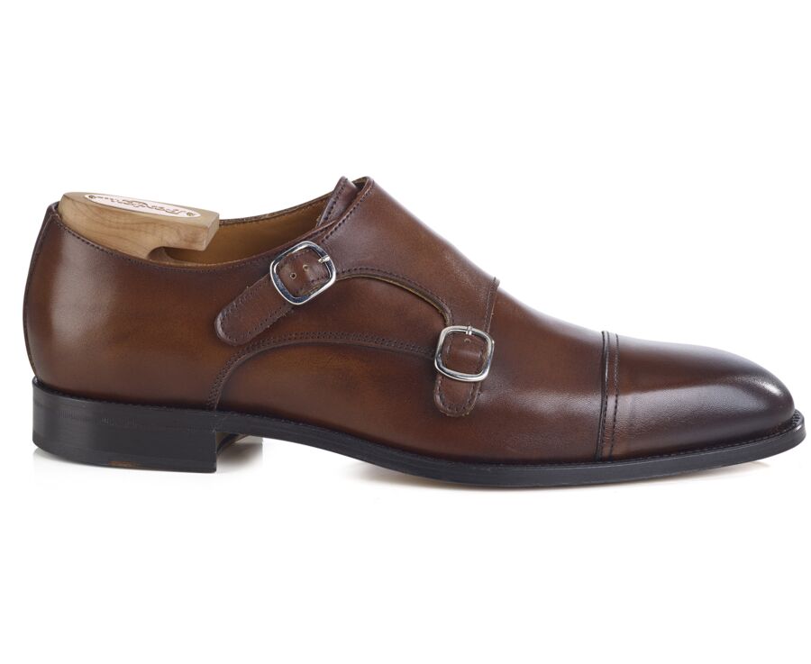 Zapatos Hombre Doble Hebilla Cognac Patinado - LANGFORD