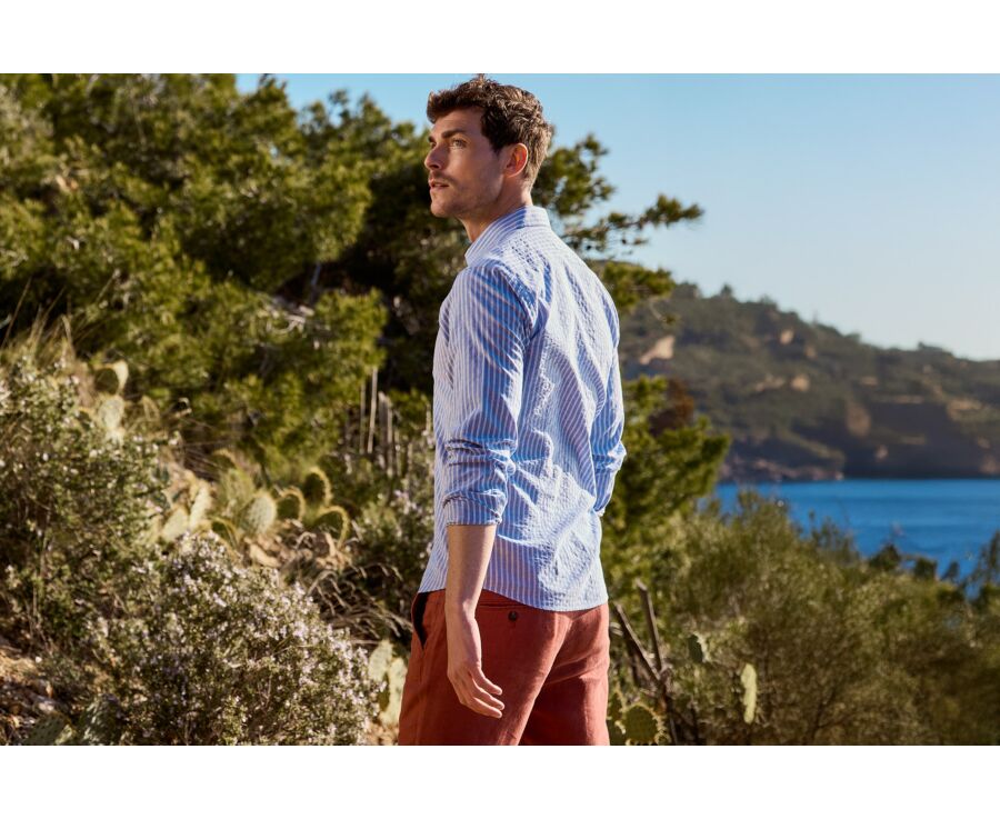 Camisa de hombre azul con rayas finas blancas - FOLBERT