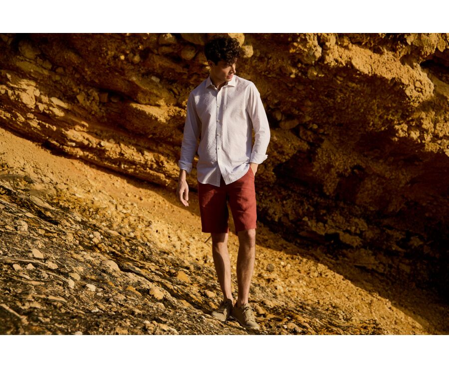 Camisa de hombre blanca con rayas finas beige - FOLBERT
