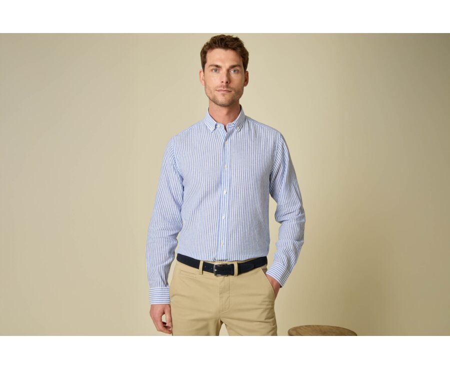 Camisa de hombre de algodón y lino a rayas azul océano - EGBERT