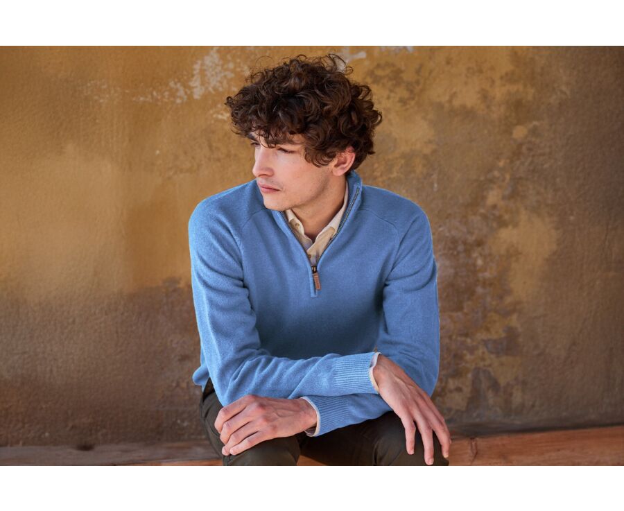 Jersey de hombre de lana con cuello con cremallera Azul moteado - KENNETH