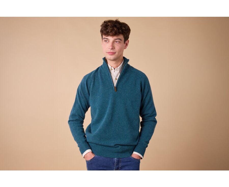 Jersey de hombre de lana con cuello con cremallera - Verde oscuro jaspeado - KENNETH