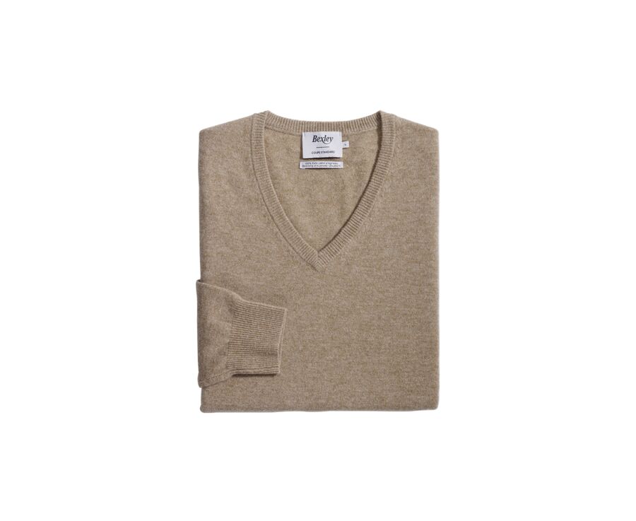 Jersey de lana con cuello en V Beige Oscuro Moteado - ELIAN