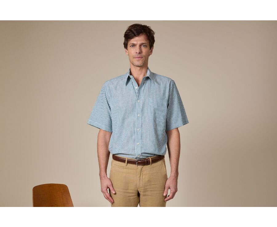 Camisa de lino/algodón Chambray Verde y Blanco - COLTEN MC