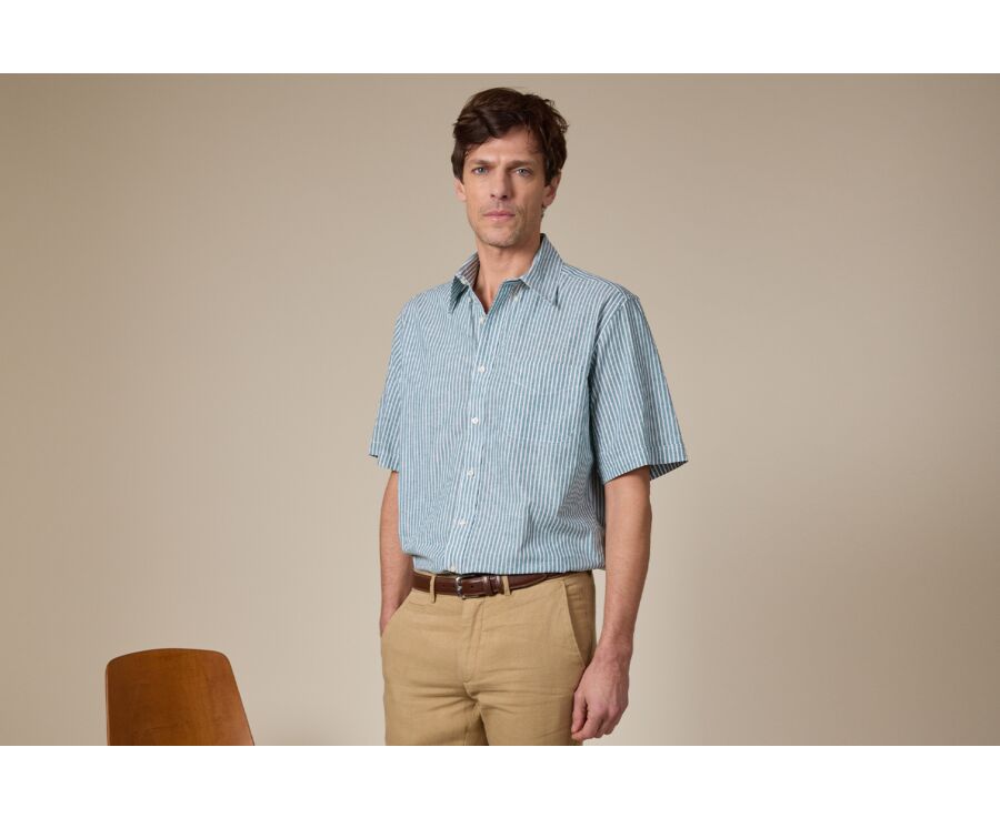 Camisa de lino/algodón Chambray Verde y Blanco - COLTEN MC