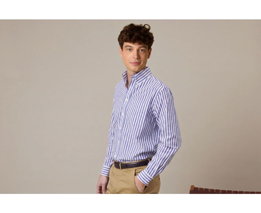 Camisa de lino y algodón Azul océano y Blanco - COLTEN