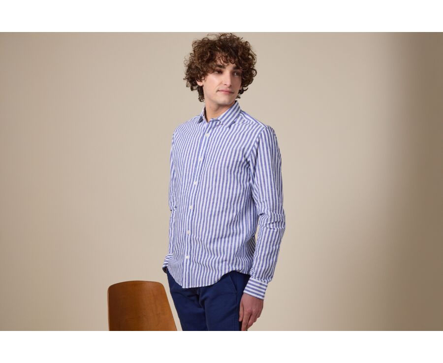 Camisa de algodón y lino a rayas azules oscuras y blancas - SIMONIN