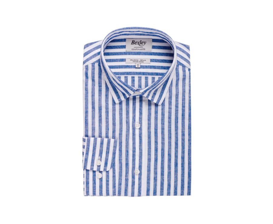 Camisa de algodón y lino a rayas azules oscuras y blancas - SIMONIN