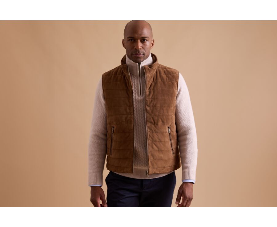 Chaqueta de cuero habana sin mangas para hombre - NIKLAS