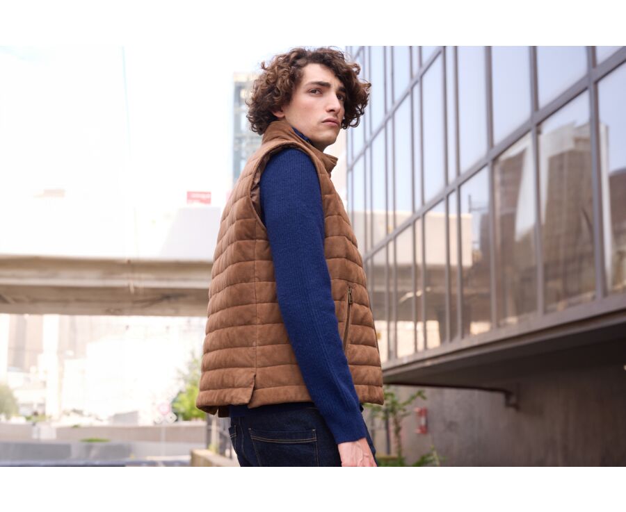 Chaqueta de cuero habana sin mangas para hombre - NIKLAS