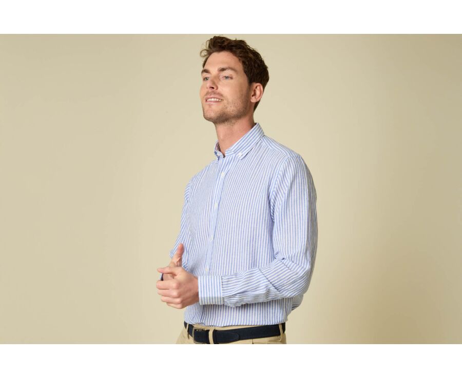 Camisa de hombre de algodón y lino a rayas azul océano - EGBERT