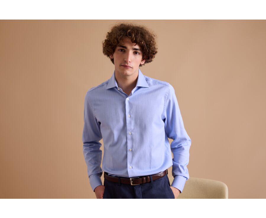 Camisa de sarga de espiga azul - Cuello italiano - LUIGI