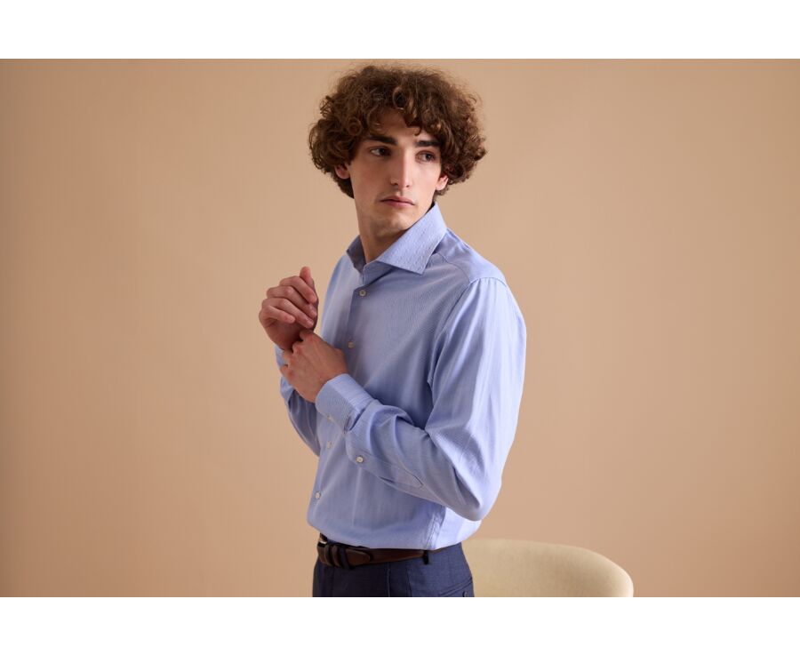 Camisa de sarga de espiga azul - Cuello italiano - LUIGI