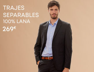 Hombre con traje separado negro, camisa celeste y cinturón marrón con el texto 'Trajes Separados 100% Lana 269€'