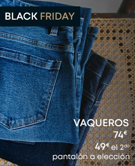 Vaqueros en azul claro y azul oscuro con el texto 'Jeans 74€, 49€ el segundo a elección'