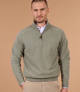 Men's light khaki mélange half-zip lambswool jumper - KENNETH