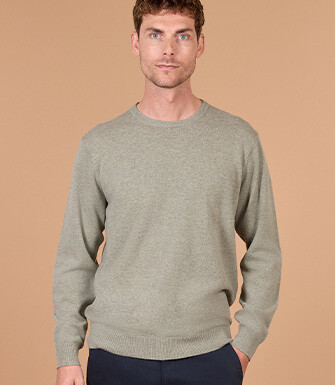 Men's light khaki mélange crew neck lambswool jumper - CONAN
