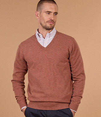Men's rust mélange V-neck lambswool jumper - ELIAN
